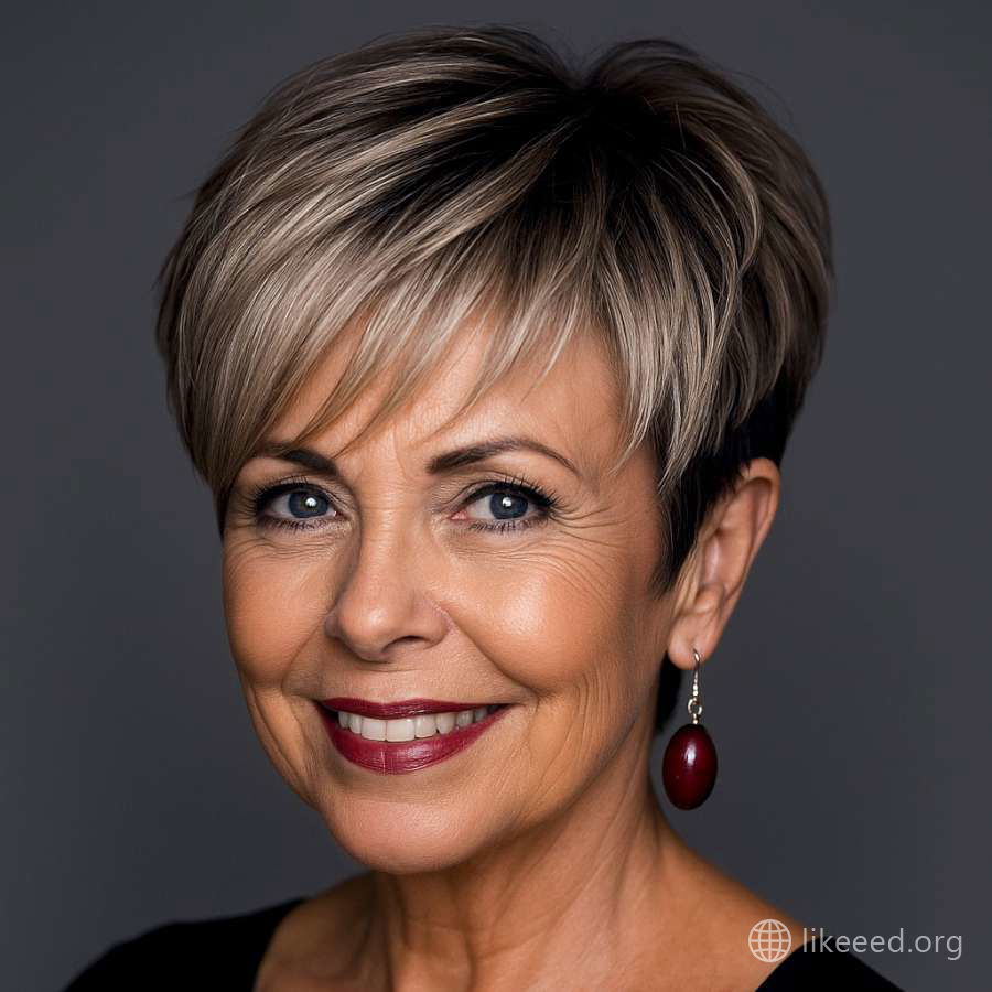Warm Ash Blonde Pixie Cut with Side Fringe