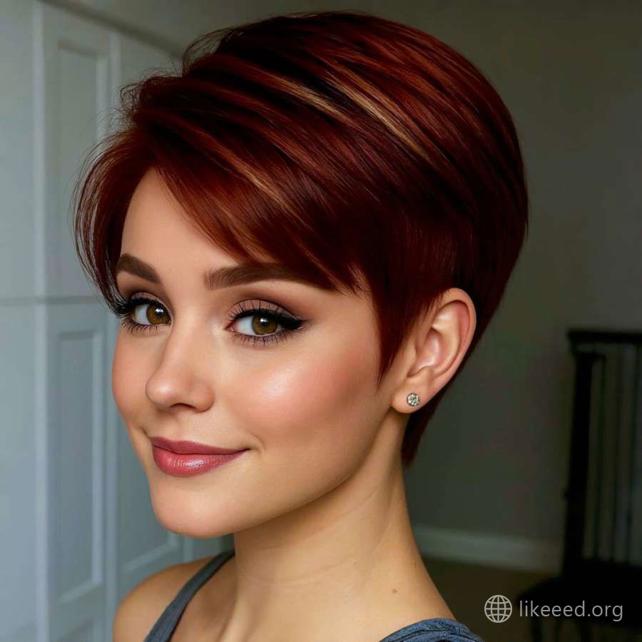 Glossy Mahogany Pixie with Subtle Highlights