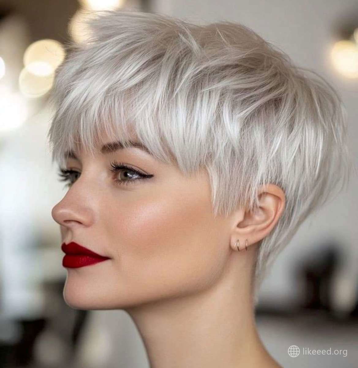 Chic White Pixie with Bold Red Lips