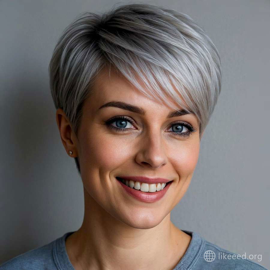 Elegant Silver Pixie with Soft Side-Swept Bangs