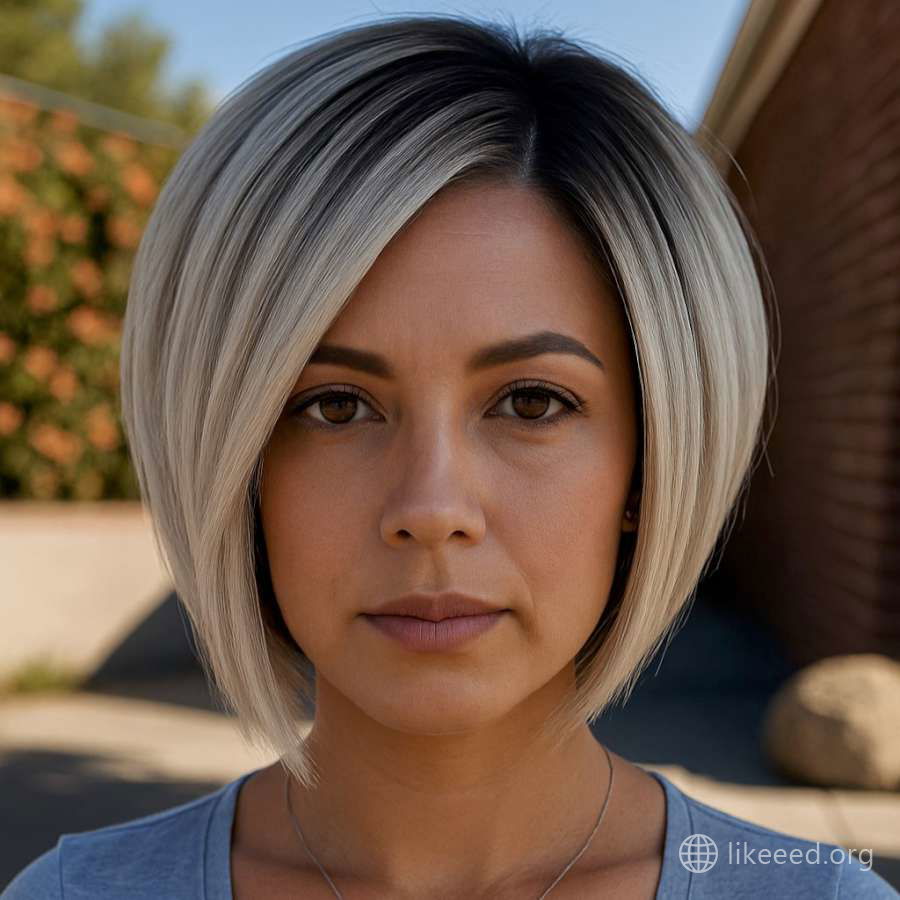 Sleek Ash Blonde Angled Bob with Dark Roots
