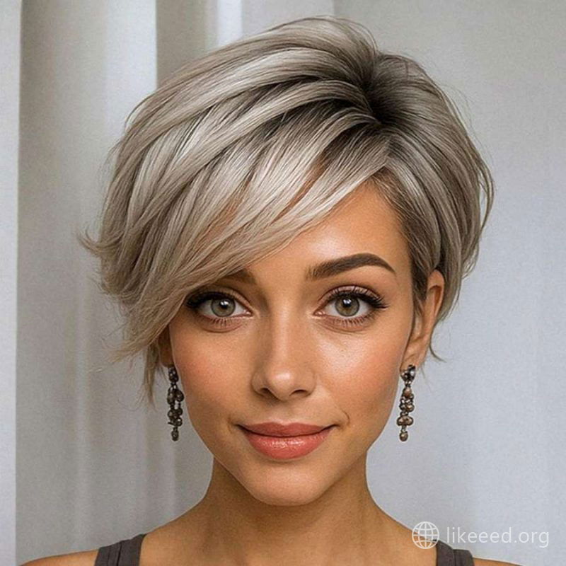 Layered Platinum Pixie with Side-Swept Bangs