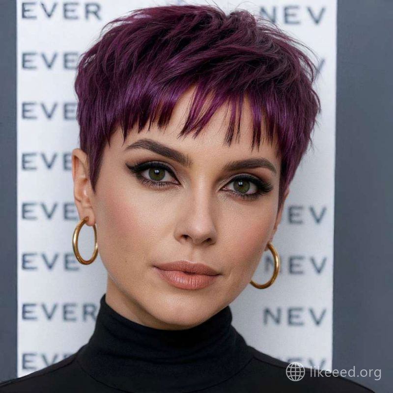 Bold Plum Pixie with Textured Fringe