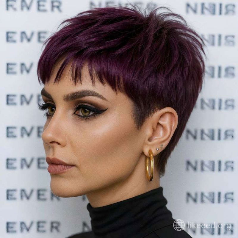 Side-Swept Plum Pixie with Sharp Layers