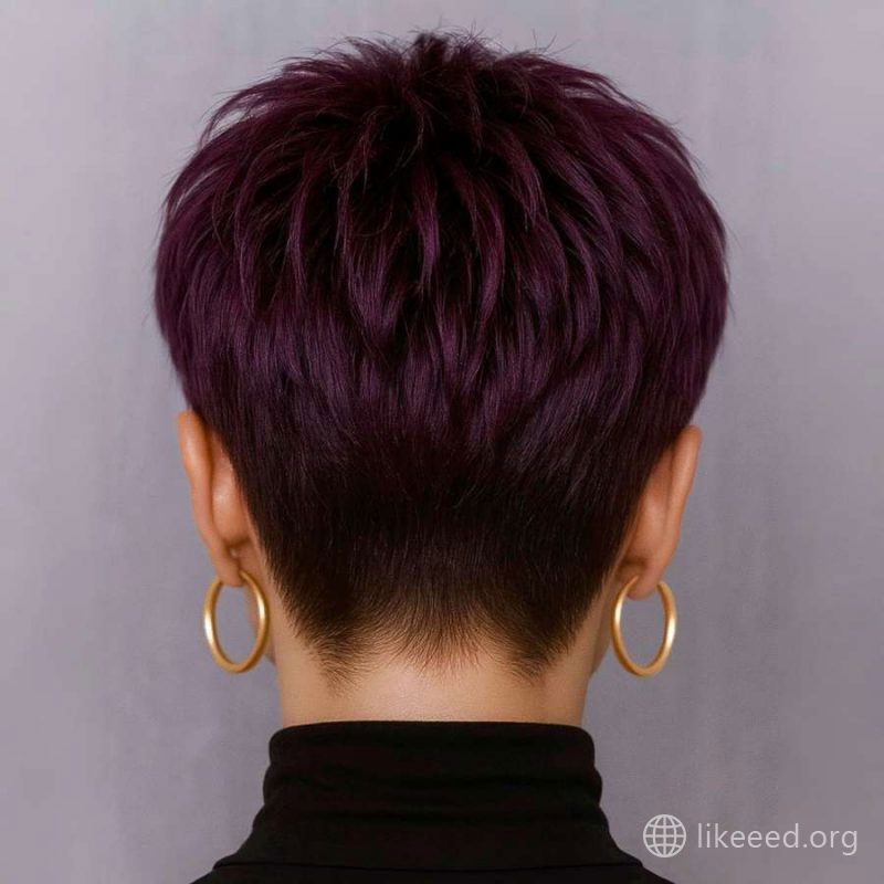 Sleek Back View of Deep Plum Textured Pixie